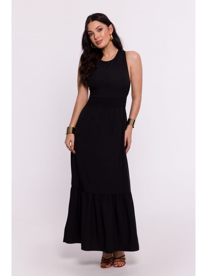 B281_Sukienka_z_gumowanym_paskiem_i_wiazaniem_na_plecach_czarna