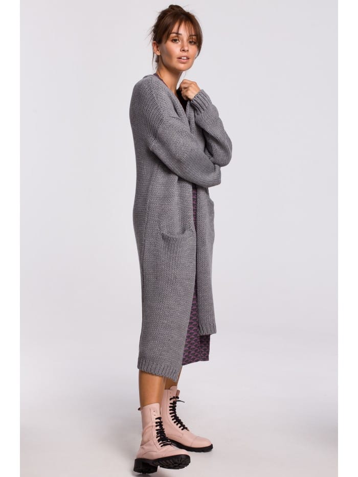 BK053 Długi kardigan z kieszeniami - szary