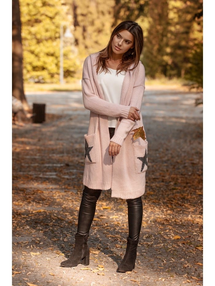 BK063 Kardigan z motywem gwiazdy - pudrowy