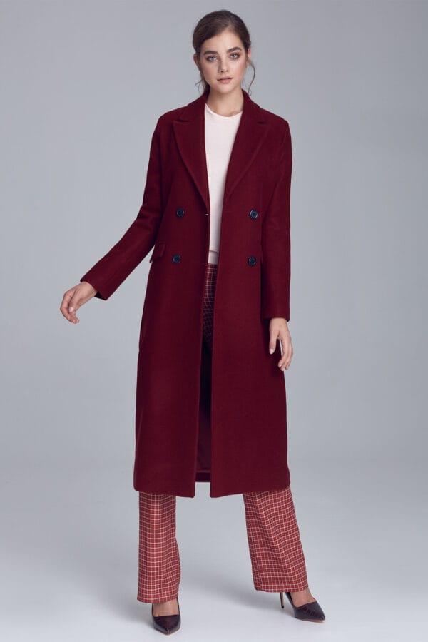 Elegancki bordowy płaszcz dwurzędowy - PL06