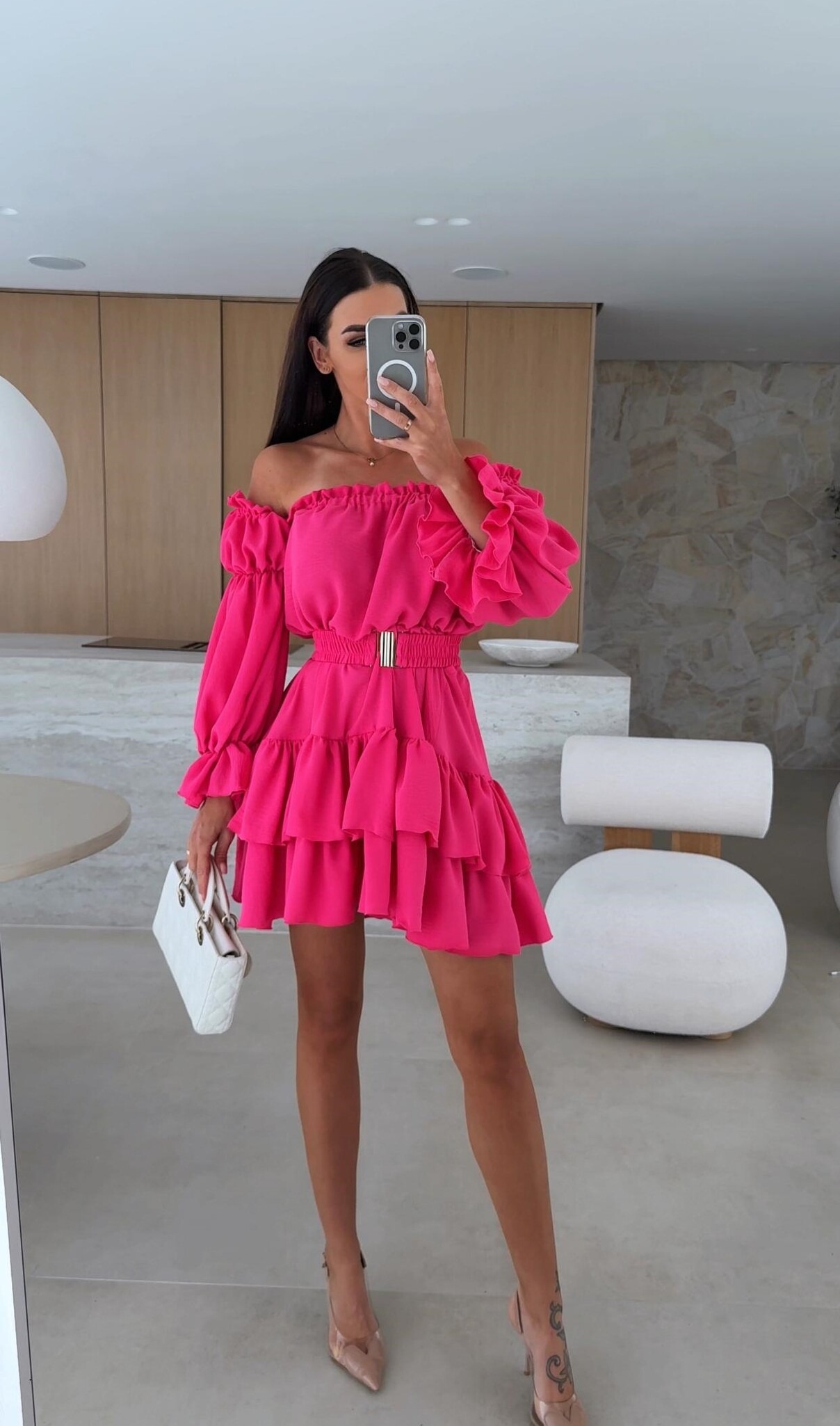 Sukienka letnia, hiszpanka | beżowa i malinowa fuksja - obrazek 5