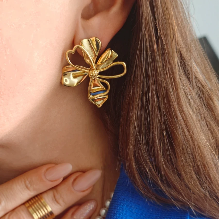 Kolczyki Flowers ze stali szlachetnej pozłacane 14k złotem – sztyft